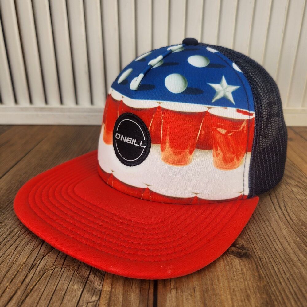 O'Neill Beer Pong Red Solo Cup Snapback Trucker Hat Cap Red White Blue July 4th
